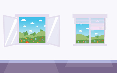 View window concept. Empty room overlooking spring or summer meadow. Comfort and coziness at home. Poster or banner for website. Natural landscape and outdoor. Cartoon flat vector illustration