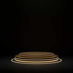 Gold podium in black room for mock up, 3D rendering