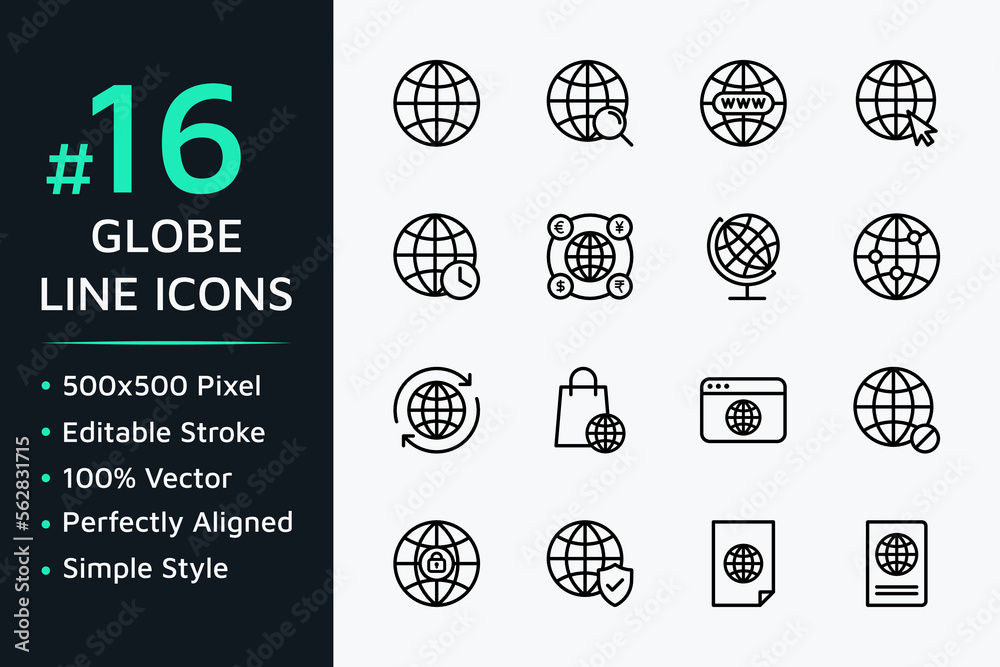 Poster set of globe related vector icons in line style design for website, app, ui, isolated on background.