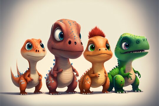 Set of adorable  baby cartoon dinosaurs characters  illustration. Cute animals for nursery and baby shower. Illustration for children posters. Generative AI.