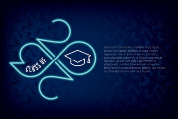 Class of 2023 Numerals Neon Sign Style Logo with Numbers Making Mobius Loop Square Academic Graduation Cap Sign and Lettering - Turquoise on Dark Background - Gradient Graphic Design