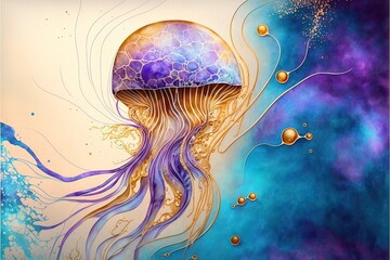 Luxurious fluid art in gold and purple paint. Divorces and waves, jellyfish shapes, mixing colors. Abstract liquid fluid art background. AI