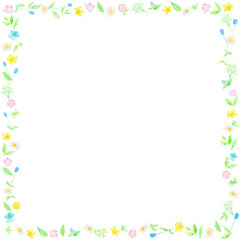 カラフルな野花を並べた可愛らしいスクエアフレーム。水彩絵の具で描いたイラスト。