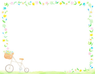 Fototapeta premium 自転車のかごから色とりどりの花があふれだすフレーム。水彩絵の具で描いたイラスト。