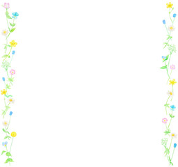 Obraz premium カラフルな春の野花が並ぶフレーム。水彩絵の具で描いたイラスト。