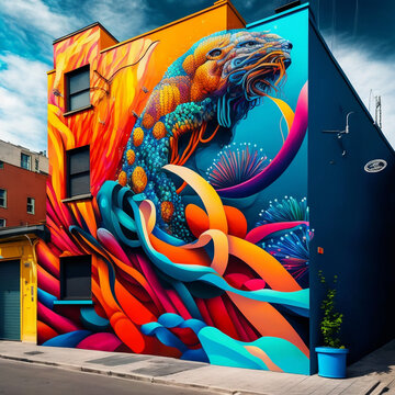 Vibrant and colorful street art in an urban setting, Generative AI