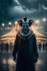 Obraz premium Horror clown and creapy funfair or circus. Concept of evil and fear. Designed using generative ai. 