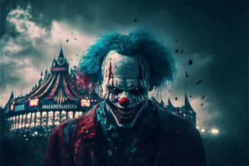 Horror clown and creapy funfair or circus. Concept of evil and fear. Designed using generative ai.
