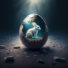 Dystopian landscape with single last easter rabbit on the world. Aftermath Easter. Generative AI