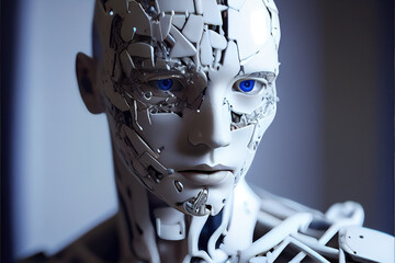 Obraz na płótnie Canvas Detailed portrait of a humanoid robot. Close up portrait photo of android, generative AI 