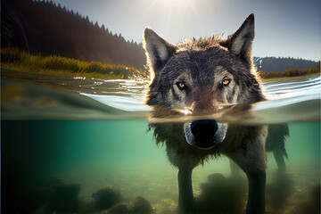 Wild wolf diving, hunting in water ,generative AI	
