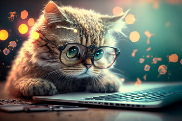 The cat programmer in glasses works at the computer. IT professional concept. Generative AI