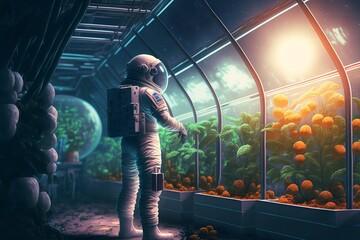 Naklejka na ściany i meble Astronaut planting new species seed carefully in moon. Outer space farming concept.