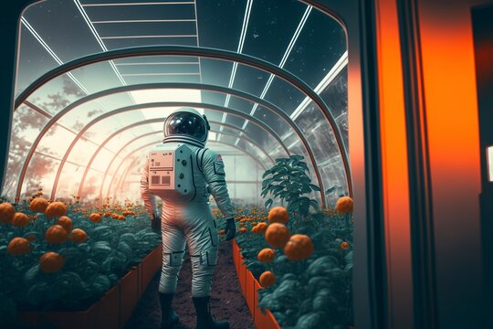 Astronaut planting new species seed carefully in moon. Outer space farming concept.