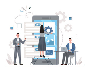 People working together. Men and women developing interface for programs and applications on smartphone. Gadgets and devices. Teamwork and partnership concept. Cartoon flat vector illustration