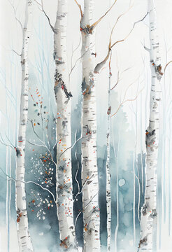 Watercolor painting of birch trees trunks in winter forest. Generative AI
