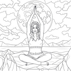 Woman Doing Yoga in nature. Full moon.Coloring book antistress for children and adults. Illustration isolated on white background. Hand draw. Simple drawing