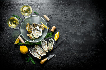 Raw oysters in a colander with white wine, lemon and dill.