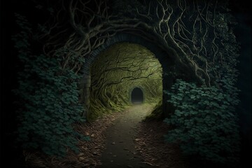 illustration passageway in gloomy forest, fantasy, image generated by AI