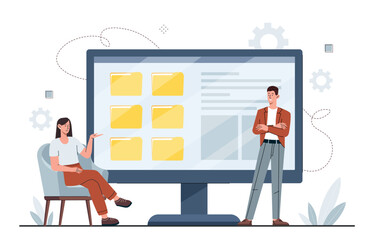 People with electronic archive. Cloud storage, modern technologies and digital world. Young guy and girl near computer. Work with information, systematization. Cartoon flat vector illustration