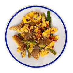Popular breakfast of Spanish cuisine is Revuelto, which is an omelet with chicken and mushrooms with asparagus. Isolated over white background