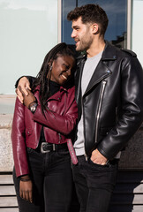 Multiracial couple hugging on Valentine´s Day