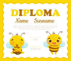 Cute Honey Bee Diploma Design with Busy Insect and Natural Sweet Food Vector Template