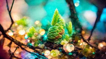 Whimsical fairy lights sparkle like ornaments, surrounding a little plant reminiscent of a Christmas tree in the snow