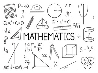 Mathematics doodle set. Education and study concept. School equipment, maths formulas in sketch style. Hand drawn ector illustration isolated on white background