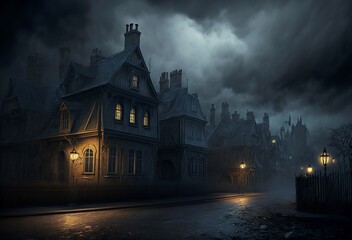 Obraz premium illustration scary dark street with houses,AI generated image
