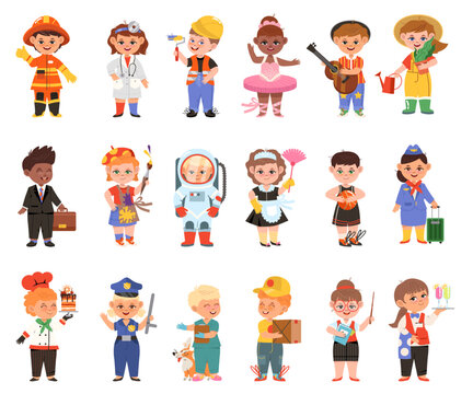 Cheerful Children Depicting Different Professions Like Doctor and Firefighter Big Vector Set
