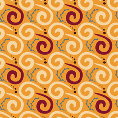 Vintage pattern of large red and beige spirals on a yellow background. Seamless vector image for textiles, wrapping, wallpaper.