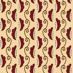 Vintage pattern of leaves and curls. Vector seamless pattern in bright colors.