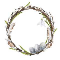 Watercolor easter illustration of a wreath with pussy-willow, eggs, snowdrop, leaves and feathers isolated