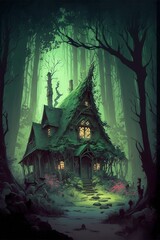 illustration. mystical house in the forest, fantasy, image generated by AI