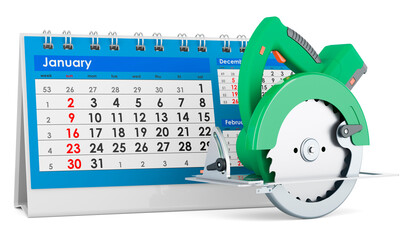 Circular saw with desk calendar, 3D rendering