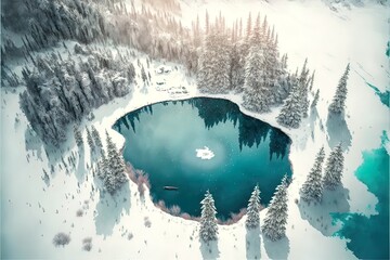 Snowy winter forest near the river top view, aerial photography. Beautiful winter landscape, forest in winter. AI