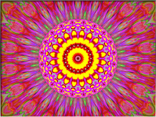 Abstract, 3d Floral Design, Red, Yellow and Green, within a Border  digital art