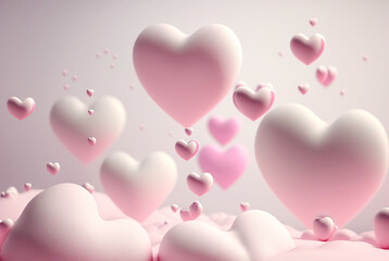 Many pink hearts fly as balloons in the sky with clouds. Romantic background for Valentine's day. Generative AI