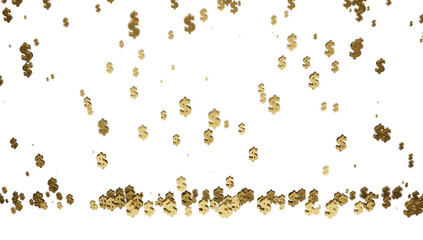 Golden dollars signs falling on transparent background.