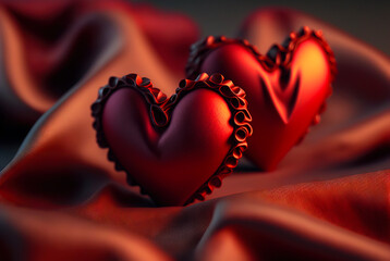Red silk hearts background. Valentine's Day card. Generative AI