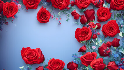 Valentine's decorations, Roses over blue gradient background, created with Generative AI Technology