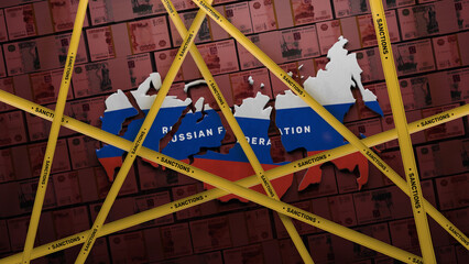 3D render of map of Russia split into different pieces covered with yellow tape. 3D render concept of finance, oil and gas world sanctions against Russian Federation. Red background with money.