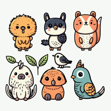 Set of stickers with baby animals. Different funny animal collection in sticker style. Cute jungle animals set