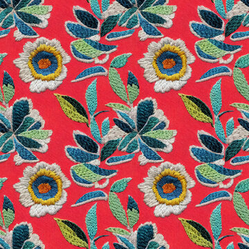 Embroidery floral seamless pattern. Flowers repeating oriental fabric backdrop. Generative AI.
