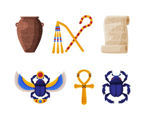 Ancient Egypt symbols set. Egyptian traditional cultural and historical objects. Horus eye, scarab beetle, ancient papyrus scroll, rod and whip cartoon vector illustration