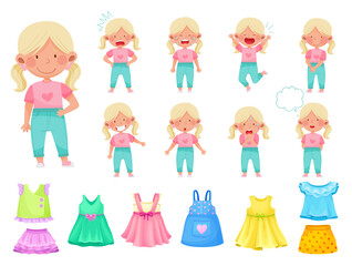Little Blond Girl Face Expression and Clothes Big Vector Set