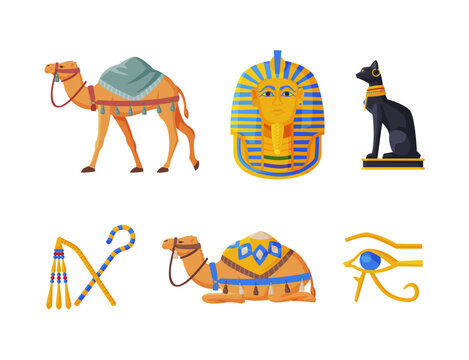 Ancient Egypt symbols set. Egyptian traditional cultural and historical objects. Bastet cat, Ankh coptic cross, camel cartoon vector illustration