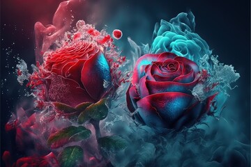 Frozen roses. Fantasy roses in ice and smoke. AI