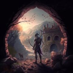 ranger archer fantasy landscape with warrior art generatif AI
